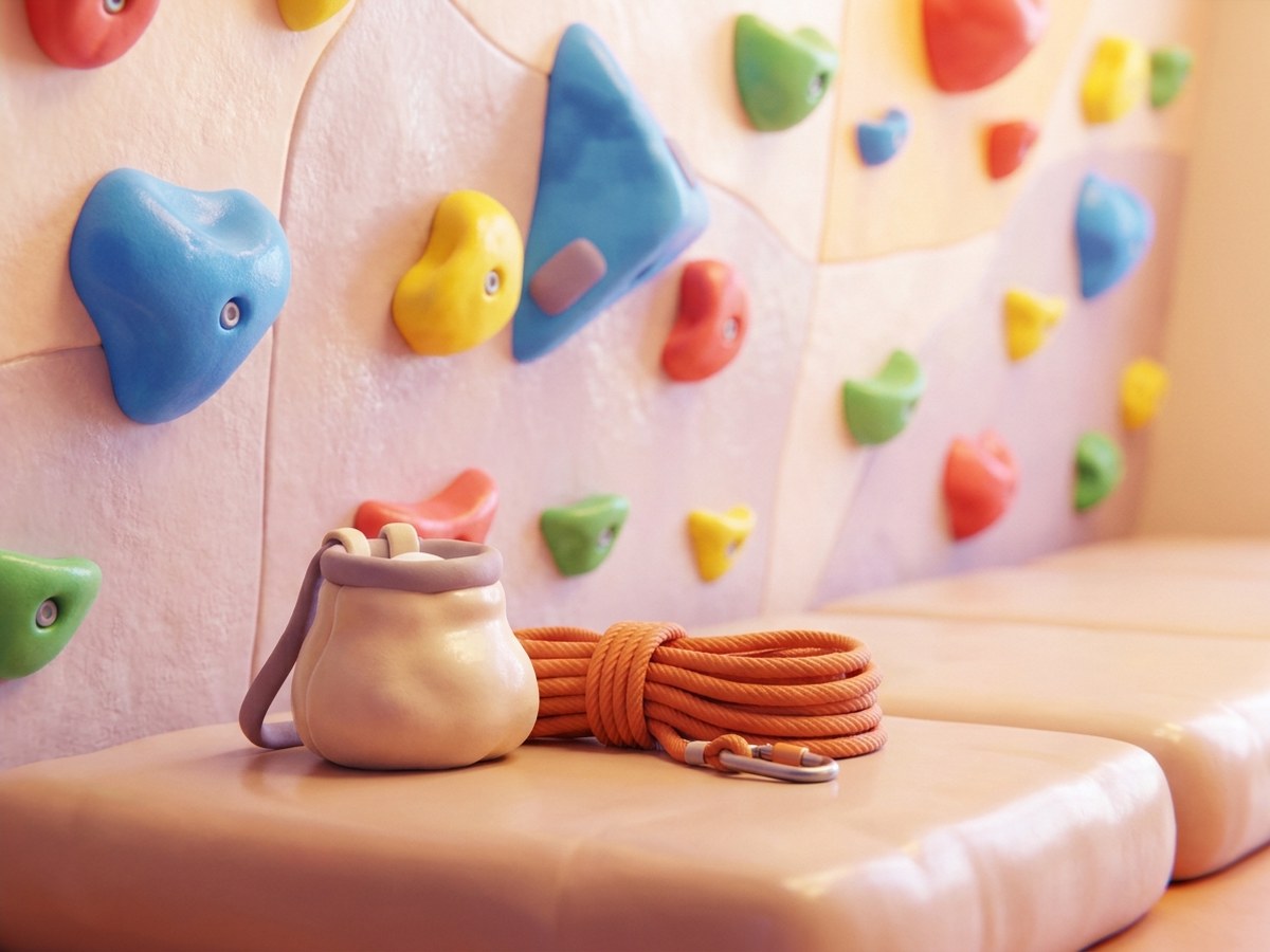 An indoor climbing wall covered in coloured holds, with a chalk bag, a coiled rope and a carabiner at its foot