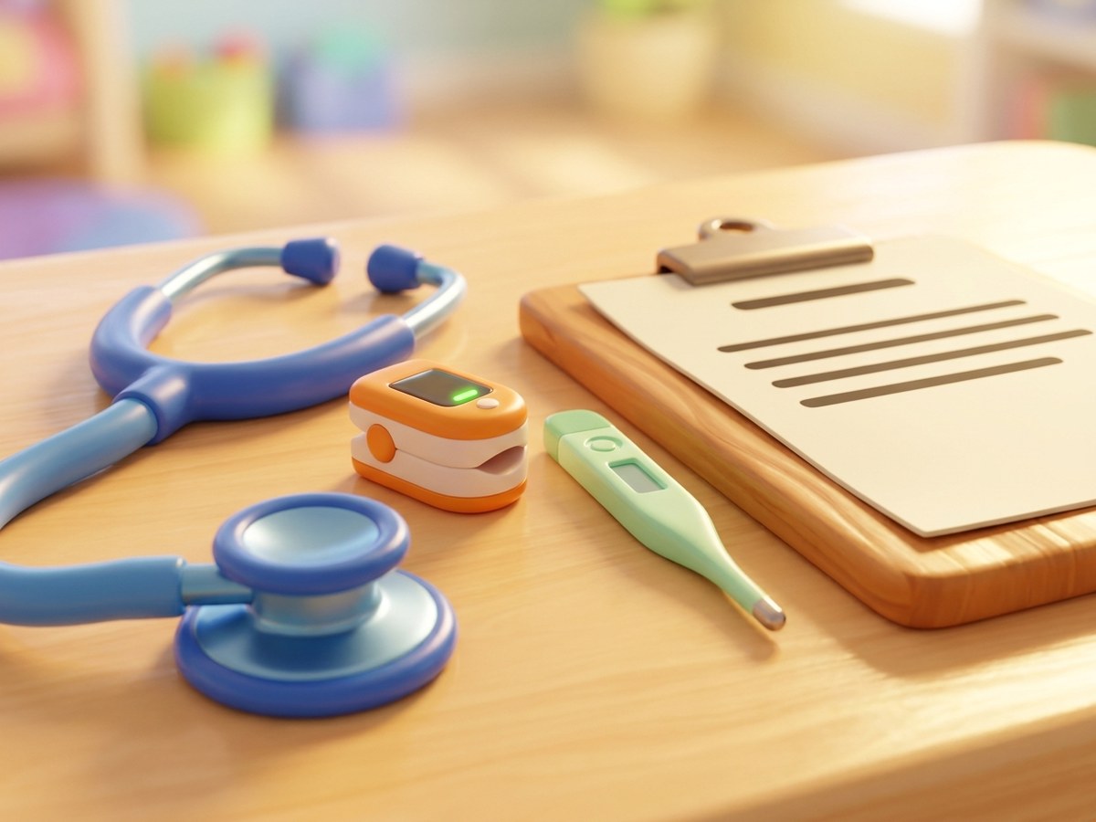 A stethoscope, a pulse oximeter and a thermometer beside a clipboard of ruled paper