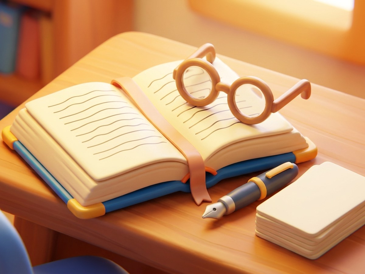 An open hardback book with a ribbon marker, reading glasses, a fountain pen and a stack of index cards